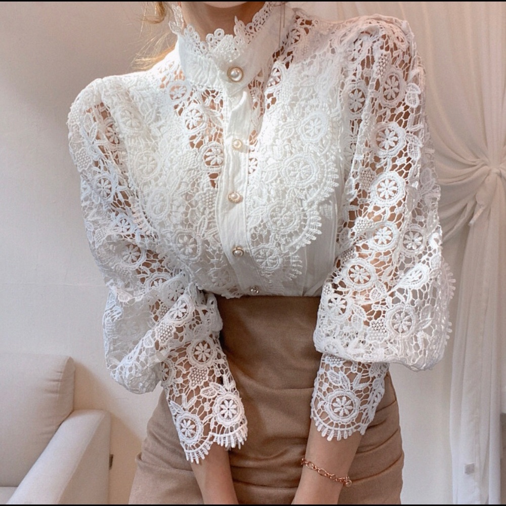 Lace blouse floral womens long sleeve white crochet top flower - Picture 1 of 2
